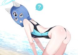 Rule 34 | 1girl, ?, animal ear fluff, animal ears, ass, bare arms, bent over, black one-piece swimsuit, blue archive, blue eyes, blue halo, breasts, chicke iii, competition swimsuit, ears through headwear, from side, grey hair, halo, highres, looking at viewer, looking to the side, mask, medium breasts, one-piece swimsuit, parted lips, shiroko (blue archive), shiroko (swimsuit) (blue archive), simple background, solo, spoken question mark, swimsuit, white background