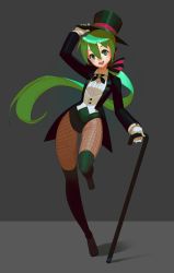 Rule 34 | 1girl, absurdres, black hat, black pantyhose, blue eyes, blush, cane, coattails, fishnet pantyhose, fishnets, full body, gloves, green hair, green thighhighs, grey background, hair between eyes, hat, hatsune miku, highres, holding, holding cane, long hair, long sleeves, looking at viewer, miracle paint (vocaloid), open mouth, pantyhose, ponytail, shadow, smile, solo, standing, standing on one leg, thighhighs, top hat, topdylan, very long hair, vocaloid, white gloves