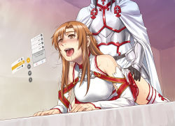 Rule 34 | 10s, 1boy, 1girl, ahegao, all fours, armor, asuna (sao), azasuke, bent over, blush, brown eyes, brown hair, clothed sex, detached sleeves, doggystyle, fucked silly, hetero, holographic monitor, kuradeel, kuradeel (sao), open mouth, red hair, saliva, sex, sex from behind, sword art online, tears, text focus, thighhighs, tongue, vaginal, white thighhighs