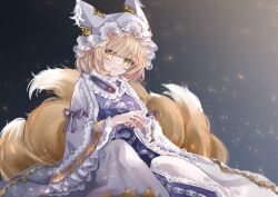 Rule 34 | 1girl, animal ears, animal hat, blonde hair, blush, closed mouth, dress, fox ears, fox tail, frilled sleeves, frills, hat, highres, long sleeves, looking at viewer, mob cap, multiple tails, sarasadou dan, short hair, solo, tabard, tail, touhou, white dress, white hat, wide sleeves, yakumo ran, yellow eyes