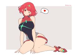 Rule 34 | 1girl, breasts, competition swimsuit, heart, highres, large breasts, mochimochi (xseynao), one-piece swimsuit, pyra (pro swimmer) (xenoblade), pyra (xenoblade), red eyes, red hair, simple background, solo, swimsuit, white background, xenoblade chronicles (series), xenoblade chronicles 2