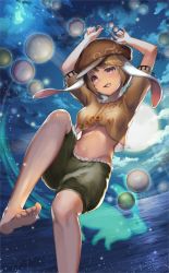 Rule 34 | 1girl, animal ears, arms up, artist request, baggy shorts, barefoot, blonde hair, blush, breasts, brown hat, cloud, crop top, dango, feet out of frame, flat cap, food, food in mouth, frills, green shorts, groin, hat, head tilt, knee up, looking at viewer, medium breasts, midriff, moon, mouth hold, navel, night, night sky, outdoors, purple eyes, rabbit ears, ringo (touhou), shirt, short hair, short sleeves, shorts, sky, solo, spirit, stomach, touhou, touhou cannonball, wagashi, water, yellow shirt