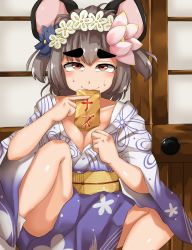 Rule 34 | 1girl, animal ears, breasts, cleavage, closed mouth, commentary request, furrowed brow, grey hair, half-closed eyes, highres, holding, looking at viewer, mismatched eyebrows, mouse ears, mouse girl, mouth hold, nasunasuurin, nazrin, no bra, red eyes, short hair, solo, thick eyebrows, touhou