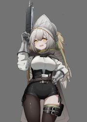 Rule 34 | 1girl, :d, absurdres, arknights, armor, asymmetrical legwear, belt, black ribbon, black shorts, blouse, breasts, brown belt, brown cape, brown thighhighs, cape, chinese commentary, commentary request, fartooth (arknights), feather hair, gauntlets, grey background, grey hair, helmet, high-waist shorts, highres, huizhiyin, large breasts, long sleeves, looking at viewer, open mouth, pouch, ribbon, shirt, shorts, side-tie shorts, sidelocks, simple background, single leg pantyhose, single thighhigh, smile, solo, thigh gap, thigh pouch, thigh strap, thighhighs, uneven legwear, white shirt, yellow eyes