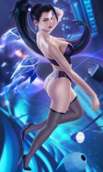 Rule 34 | 1girl, ass, bare back, bare legs, black footwear, black hair, bra, breasts, bustier, city lights, cityscape, cleavage, crystal, crystal earrings, cyberpunk, earrings, floating, full body, hair ornament, hairband, hand on own head, high heels, highres, jewelry, k/da (league of legends), kai&#039;sa, large breasts, league of legends, long hair, neon lights, official alternate costume, ponytail, purple eyes, red lips, science fiction, shiny clothes, sideboob, socks, solo, spotlight, strapless, strapless bra, swim bottom, the baddest kai&#039;sa, thighhighs, thighs, tight clothes, underwear, underwear only, wickellia
