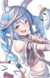 Rule 34 | 1girl, absurdres, animal ear fluff, animal ears, bandage on face, bandages, bare shoulders, blue hair, blush, braid, breasts, hair between eyes, halloween, highres, hololive, long hair, looking at viewer, midriff, multicolored hair, mummy, mummy costume, naked bandage, navel, nishiuji, open mouth, orange eyes, parted hair, pekomon (usada pekora), rabbit-shaped pupils, rabbit ears, sidelocks, single bare shoulder, small breasts, smile, solo focus, stomach, swept bangs, symbol-shaped pupils, thick eyebrows, twin braids, twintails, two-tone hair, usada pekora, virtual youtuber, white background, white hair