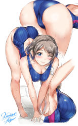 Rule 34 | 1girl, :d, absurdres, arched back, artist name, ass, back cutout, barefoot, bent over, blue eyes, blue one-piece swimsuit, blush, breasts, cleavage, closed mouth, clothing cutout, commentary request, competition swimsuit, from behind, grey hair, hanging breasts, highres, kamishiro ryuu, large breasts, legs, looking at viewer, love live!, love live! school idol festival, love live! sunshine!!, medium breasts, motion lines, multiple views, one-piece swimsuit, one eye closed, open mouth, partially visible vulva, ribbed swimsuit, signature, sketch, smile, standing, stretching, swept bangs, swim cap, unworn swim cap, swimsuit, v arms, watanabe you, water, wet