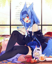 Rule 34 | 1girl, animal ears, bare shoulders, black jacket, black thighhighs, blue hair, blue hairband, character doll, cup, dog ears, dog tail, hairband, highres, holding, holding cup, jacket, looking at viewer, medium hair, off-shoulder jacket, off shoulder, open mouth, original, profile, red eyes, rene (rirene), rirene rn, shirt, sitting, skirt, solo, tail, teacup, thighhighs, white shirt, zonea (akizone)
