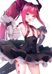 Rule 34 | 1girl, absurdres, blue eyes, blush, breasts, curled horns, detached sleeves, dragon horns, dragon tail, dress, elizabeth bathory (fate), elizabeth bathory (fate/extra ccc), elizabeth bathory (first ascension) (fate), fang, fate/extra, fate/extra ccc, fate/grand order, fate (series), gloves, hand on own hip, hand up, highres, horns, layered skirt, long hair, looking at viewer, open mouth, pink hair, pointy ears, ponytail, revealing clothes, scan, short dress, simple background, skirt, small breasts, solo, suzuho hotaru, tail