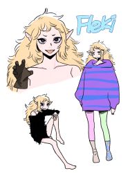 Rule 34 | 1girl, asymmetrical footwear, asymmetrical legwear, bad id, bad twitter id, bare chest, bare legs, barefoot, black sweater, blonde hair, brown eyes, character name, dungeon meshi, elf, fleki, frs2, gloves, hair around ear, highres, long hair, looking at viewer, messy hair, mismatched footwear, mismatched legwear, notched ear, oversized clothes, pantyhose, pointy ears, purple sweater, socks, sweater, tongue, tongue out