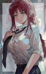 Rule 34 | 1girl, adjusting neckwear, black necktie, braid, braided ponytail, breasts, chainsaw man, closed mouth, collared shirt, dress shirt, hand up, highres, large breasts, long hair, long sleeves, looking at viewer, makima (chainsaw man), necktie, partially unbuttoned, red hair, saya (mychristian2), shirt, sidelocks, signature, solo, upper body, white shirt, yellow eyes