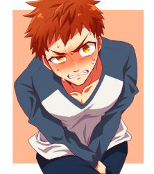 Rule 34 | 1boy, bad id, bad pixiv id, between legs, blush, clenched teeth, collarbone, covering privates, covering crotch, emiya shirou, fate/stay night, fate (series), full-face blush, hand between legs, koma saburou, long sleeves, looking at viewer, male focus, pants, pink background, raglan sleeves, red hair, simple background, sitting, solo, sweat, teeth, yellow eyes
