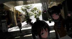 Rule 34 | 3girls, bag, black hair, brown eyes, brown hair, chef no kimagure salad, dutch angle, highres, hirasawa ui, k-on!, lamppost, landscape, long hair, looking back, mikipuruun no naegi, multiple girls, nakano azusa, plant, ponytail, potted plant, road, road sign, scenery, shade, short hair, short twintails, sign, street, sunlight, suzuki jun, tree, twintails, vanishing point, winter clothes