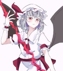 Rule 34 | 1girl, ascot, bat wings, blush, closed mouth, grey hair, highres, kanaria (bocmn), looking at viewer, red ascot, red eyes, remilia scarlet, shirt, short hair, short sleeves, simple background, solo, touhou, upper body, white background, white shirt, wings