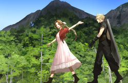 Rule 34 | 11mtri, 1boy, 1girl, aerith gainsborough, armor, belt, bird, blonde hair, boots, bracelet, braid, braided ponytail, brown hair, buster sword, choker, cloud strife, dress, earrings, final fantasy, final fantasy vii, final fantasy vii remake, forest, full body, gloves, green eyes, hair ribbon, jacket, jewelry, long hair, mountain, nature, open mouth, parted bangs, pink dress, pink ribbon, red jacket, ribbon, shoulder armor, single earring, sleeveless, sleeveless turtleneck, smile, spiked hair, square enix, suspenders, teeth, tree, turtleneck, upper teeth only, walking, weapon, weapon on back