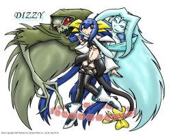 Rule 34 | 1girl, arc system works, asymmetrical wings, bad anatomy, blue hair, boots, breasts, dizzy (guilty gear), guilty gear, large breasts, long hair, necro (guilty gear), poorly drawn, red eyes, ribbon, tail, tail ornament, tail ribbon, thighhighs, underboob, undine (guilty gear), very long hair, wings, yuji 28 go