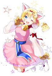 Rule 34 | 1girl, animal ears, animal hands, bell, blonde hair, blue eyes, blue sash, blush, boots, bow, breasts, cat ears, commentary request, cosplay, detached sleeves, dress, food, frilled dress, frills, full body, gloves, hair ornament, highres, hololive, hololive english, jingle bell, jumping, looking at viewer, mani (manidrawings), medium breasts, neck bell, nhk ni youkoso!, one eye closed, open mouth, paw gloves, pink dress, pudding, pururin (nhk), pururin (nhk) (cosplay), red bow, sash, short hair, sleeve bow, sleeveless, sleeveless dress, smile, solo, standing, virtual youtuber, watson amelia, white background, white footwear, white sleeves