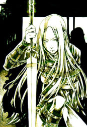 Rule 34 | 1girl, amputee, claymore (series), claymore (sword), frown, holding, holding sword, holding weapon, irene, koujakurou (artist), long hair, pointy ears, shadow, solo, strap, sword, weapon