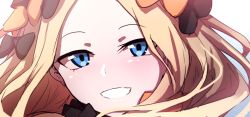 Rule 34 | 1girl, :d, abigail williams (fate), bad id, bad pixiv id, black bow, blonde hair, blue eyes, blush, bow, fate/grand order, fate (series), forehead, hair bow, head tilt, highres, long hair, looking at viewer, open mouth, orange bow, parted bangs, portrait, smile, solo, wada kazu