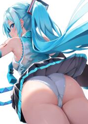 Rule 34 | 1girl, aqua eyes, aqua hair, aqua necktie, ass, backboob, bare shoulders, blush, breasts, closed mouth, clothes lift, collared shirt, cowboy shot, floating hair, from behind, from below, good ass day, hatsune miku, highres, lace, lace-trimmed panties, lace-trimmed shirt, lace trim, long hair, looking at viewer, looking back, medium breasts, miniskirt, necktie, panties, pleated skirt, profile, shirt, simple background, skirt, skirt lift, solo, takepon1123, twintails, underwear, very long hair, vocaloid, white background, white panties, wind, wind lift