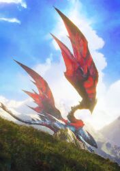 Rule 34 | absurdres, animal focus, backlighting, bloom, blue eyes, cloud, cloudy sky, commentary request, dragon, from below, from side, grass, highres, monster hunter (series), monster hunter xx, mountain, norino (106592473), outdoors, scenery, sky, solo, standing, sunlight, valstrax