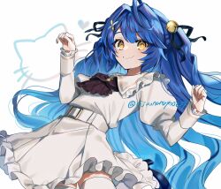 Rule 34 | 1girl, amamiya kokoro, bell, black bow, black bowtie, black ribbon, blue footwear, blue hair, blush, bow, bowtie, cat, commentary request, dress, foot out of frame, frilled dress, frills, gradient hair, hair bell, hair ornament, hair ribbon, hand up, hands up, heart, high heels, jumping, leaning back, long hair, long sleeves, looking at viewer, multicolored hair, nijisanji, ninahachi, puffy sleeves, ribbon, simple background, smile, solo, thighhighs, twitter username, two side up, very long hair, virtual youtuber, white background, white dress, white thighhighs, x hair ornament, yellow eyes