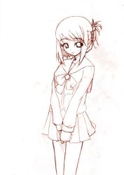 Rule 34 | 00s, 1girl, :d, blush, bow, bowtie, folded ponytail, komaki manaka, long sleeves, monochrome, open mouth, outline, parted lips, sailor collar, school uniform, short hair, smile, solo, standing, to heart (series), to heart 2, v arms