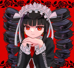 Rule 34 | 12nekosan21, 1girl, black hair, black nails, bonnet, celestia ludenberg, closed mouth, danganronpa: trigger happy havoc, danganronpa (series), drill hair, earrings, frills, gothic lolita, jacket, jewelry, lolita fashion, long hair, long sleeves, looking at viewer, nail polish, necktie, own hands together, red background, red eyes, red necktie, shirt, smile, solo, twin drills, twintails
