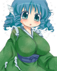 Rule 34 | 1girl, blue eyes, blue hair, breasts, drill hair, fins, flying sweatdrops, head fins, japanese clothes, kimono, large breasts, matching hair/eyes, mermaid, monster girl, muuba, obi, open mouth, sash, solo, touhou, wakasagihime
