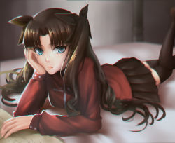 Rule 34 | 1girl, bad id, bad pixiv id, bed, black hair, black thighhighs, blue eyes, blurry, brown hair, depth of field, fate/stay night, fate (series), hair ribbon, head rest, lying, meaomao, ribbon, solo, thighhighs, tohsaka rin, two side up, zettai ryouiki