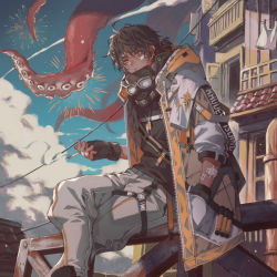 Rule 34 | 1boy, arknights, bandaid, bandaid on face, black gloves, black hair, black shirt, building, cigarette, closed mouth, cloud, coat, dark-skinned male, dark skin, day, earrings, feet out of frame, gloves, goggles, goggles around neck, hair between eyes, hand in pocket, highres, holding, holding cigarette, jewelry, long sleeves, looking at viewer, male focus, manjyufroth, outdoors, pants, shirt, short hair, sitting, sky, smoke, solo, tentacles, thorns (arknights), white coat, white pants, window, yellow eyes