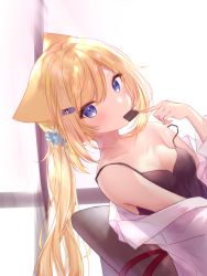 Rule 34 | 1girl, animal ears, bare shoulders, blonde hair, blouse, blue eyes, breasts, camisole, cat ears, cat girl, chocolate, collarbone, guo582, hanazono serena, hanazono serena (channel), highres, long hair, looking at viewer, medium breasts, mouth hold, off shoulder, open clothes, open shirt, ponytail, shirt, sleeveless, sleeveless shirt, solo, spaghetti strap, upper body, valentine, virtual youtuber, white shirt