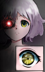 Rule 34 | 1girl, alolo, android, artificial eye, black background, camera eyes, code:escape (idolmaster), commission, damaged, escape (idolmaster), expressionless, glowing, glowing eye, highres, idolmaster, idolmaster million live!, idolmaster million live! theater days, looking at viewer, makabe mizuki, mechanical parts, nude, pixiv commission, purple hair, scene reference, short hair, upper body, yellow eyes