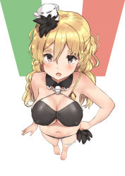 Rule 34 | 1girl, absurdres, alternate costume, bad id, bad pixiv id, bikini, black bikini, blonde hair, blush, braid, breasts, brown eyes, cleavage, collarbone, commentary request, covered erect nipples, feathers, french braid, full body, hair between eyes, hair ornament, hair over shoulder, hair ribbon, hand on own hip, hat, highres, italian flag, kantai collection, large breasts, long hair, looking at viewer, md5 mismatch, mini hat, navel, open mouth, osananajimi neko, resolution mismatch, revision, ribbon, side braid, simple background, smile, solo, standing, stomach, string bikini, swimsuit, tilted headwear, tress ribbon, wavy hair, zara (kancolle)