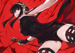 Rule 34 | 1girl, bare shoulders, black dress, black gloves, black hair, black panties, black thighhighs, blood, blood splatter, bloody weapon, breasts, cleavage, commentary, cowboy shot, dagger, dress, earrings, english commentary, fighting, fingerless gloves, flower, from below, gloves, gold hairband, hair flower, hair ornament, hair stick, hairband, highres, holding, holding dagger, holding knife, holding weapon, jewelry, jun (navigavi), knife, large breasts, light smile, long hair, looking at viewer, motion blue, panties, parted lips, pencil dress, red background, red eyes, red hair, rose, short hair with long locks, sidelocks, simple background, skindentation, slashing, sleeveless, sleeveless dress, solo, spy x family, strap slip, taut clothes, taut dress, thighhighs, underwear, upskirt, weapon, yor briar, zettai ryouiki