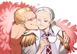Rule 34 | 1boy, 1girl, absurdres, artist request, blonde hair, bracelet, cup, donquixote doflamingo, expressionless, feather trim, feathers, grey hair, heart, highres, jewelry, kiss, long hair, looking to the side, military, military uniform, necktie, one piece, pectorals, ponytail, short hair, size difference, smile, sunglasses, teacup, tsuru (one piece), uniform, very short hair, white background
