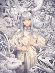 Rule 34 | 1girl, absurdres, angel wings, antlers, bow, bubble, bug, butterfly, crack, crystal, dress, feathered wings, fishnets, flower, grey eyes, grey hair, halo, highres, horns, insect, leaf, long hair, long sleeves, looking at viewer, minami (minami373916), mushroom, original, plant, single wing, skull, solo, spine, tentacles, upper body, white bow, white butterfly, white dress, wings