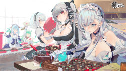 Rule 34 | 5girls, akashi (azur lane), anchor choker, angye fdez, animal ears, apron, azur lane, bare shoulders, belfast (azur lane), between breasts, black dress, blue eyes, blue hair, bowl, box, braid, breasts, broken, broken chain, carrying, cat ears, chain, chocolate, choker, cleavage, counter, dress, food, formidable (azur lane), french braid, frilled choker, frilled dress, frilled gloves, frills, glass bowl, gloves, green hair, grey hair, hair between eyes, hairband, hand fan, happy valentine, heart-shaped box, highres, holding, holding fan, kitchen, lace-trimmed hairband, lace trim, large breasts, long hair, looking at viewer, maid, maid apron, maid headdress, multicolored ribbon, multiple girls, necktie, necktie between breasts, neptune (azur lane), official art, red eyes, ribbon, second-party source, short hair, sirius (azur lane), sleeves past fingers, sleeves past wrists, twintails, two-tone dress, two-tone ribbon, valentine, very long hair, whisk, white apron, white dress, white gloves, white hair