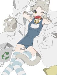 01sh110sush1 1girl animal_collar animal_ears armpits bandaid_on_thigh bell blue_one-piece_swimsuit blush breasts cat_ears cat_tail choker collar crumpled_paper cursor dot_nose fake_animal_ears fake_tail feet_out_of_frame fluffy_hair grey_hair hair_ribbon handa_roco highres idolmaster idolmaster_million_live! idolmaster_million_live!_theater_days jingle_bell lab_coat long_hair looking_at_viewer lying messy_hair name_tag neck_bell off_shoulder on_back one-piece_swimsuit one_eye_closed open_mouth oversized_clothes parted_bangs red_choker ribbon school_swimsuit sleeves_past_fingers sleeves_past_wrists small_breasts solo striped_clothes striped_thighhighs sweatdrop swimsuit tail tearing_up thighhighs trash_can twintails very_long_hair wavy_hair wavy_mouth white_ribbon zet