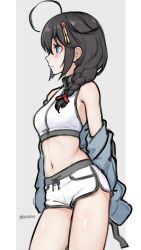 Rule 34 | 1girl, ahoge, bare shoulders, black hair, blue eyes, blush, braid, breasts, closed mouth, cowboy shot, crop top, dan (kumadan), dolphin shorts, grey background, grey jacket, hair flaps, hair ornament, hair over shoulder, hair ribbon, highres, jacket, kantai collection, long hair, long sleeves, navel, off shoulder, profile, red ribbon, ribbon, shigure (kancolle), shigure kai ni (kancolle), shorts, signature, single braid, small breasts, solo, stomach, thighs, twitter username, two-tone background, unfinished, white shorts