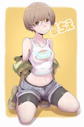 Rule 34 | 1girl, bare shoulders, bike shorts, breasts, brown eyes, brown hair, collarbone, glasses, highres, ina (gokihoihoi), jacket, kneeling, looking at viewer, medium breasts, midriff, navel, neck, open clothes, open shorts, persona, persona 4, satonaka chie, short hair, short shorts, shorts, smile, solo, translated, yellow-framed eyewear, yellow background