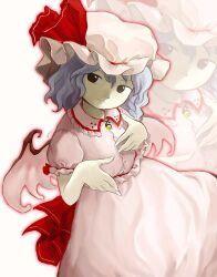 Rule 34 | 1girl, absurdres, bat wings, buttons, closed mouth, dress, fingernails, grey hair, hat, hat ribbon, highres, mob cap, pink dress, pink hat, red eyes, red ribbon, remilia scarlet, ribbon, sakumo (okura oishiiii), short hair, short sleeves, simple background, solo, touhou, white background, wings, zoom layer