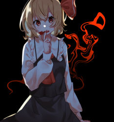 Rule 34 | 1girl, artist request, ascot, black dress, blonde hair, blood, blood on face, blood on hands, closed mouth, commentary request, cowboy shot, dark background, dress, expressionless, eyes visible through hair, hair between eyes, hair ribbon, highres, long sleeves, looking to the side, red ascot, red eyes, red ribbon, ribbon, rumia, shirt, short hair, simple background, solo, standing, touhou, white shirt