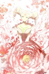 Rule 34 | 1990s (style), 1girl, artist name, bare shoulders, blonde hair, blurry, breasts, cardcaptor sakura, center opening, closed mouth, clow card, collarbone, depth of field, dress, drill hair, earrings, facial mark, flower, flower (clow card), flower earrings, forehead mark, green eyes, hair ornament, head tilt, highres, jewelry, light particles, navel, petals, pink dress, red flower, ribbon, shade, smile, solo, stomach, twin drills, winni