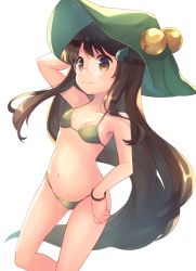 Rule 34 | 1girl, alternate hair length, alternate hairstyle, arm up, bare arms, bare shoulders, bell, bikini, breasts, brown eyes, brown hair, commentary request, cowboy shot, futatsuiwa mamizou, glasses, green bikini, green headwear, hand on own hip, jingle bell, leaf, long hair, looking at viewer, navel, round eyewear, sen1986, sidelocks, simple background, small breasts, smile, solo, stomach, swimsuit, thighs, touhou, very long hair, white background