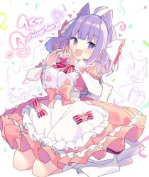 Rule 34 | &gt; &lt;, 1girl, :d, ahoge, animal ear fluff, animal ears, anniversary, apron, bell, blush, bow, cat ears, closed eyes, commentary request, confetti, dress, fang, frilled apron, frilled bow, frilled dress, frills, full body, ghost, hair bow, heart, heart hands, highres, jingle bell, kneehighs, komari channel, layered sleeves, long hair, long sleeves, looking at viewer, open mouth, pink bow, pink dress, puffy short sleeves, puffy sleeves, purple eyes, purple hair, red bow, sakura komari, shiika yuno, short over long sleeves, short sleeves, smile, socks, solo, streamers, striped, striped bow, thick eyebrows, virtual youtuber, white apron, white background, white bow, white socks, xd
