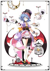 Rule 34 | 1girl, alternate costume, bat (animal), bat wings, blue hair, blush, choker, closed umbrella, cup, disembodied hand, dress, earrings, framed, hat, high heels, highres, ideolo, jewelry, layered dress, looking at viewer, one eye closed, overskirt, purple dress, red eyes, remilia scarlet, sash, smile, solo, teacup, top hat, touhou, tray, umbrella, white dress, wings, wrist cuffs