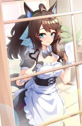 Rule 34 | 1girl, absurdres, ahoge, alternate costume, animal ears, apron, black hair, blue eyes, blush, breasts, cleavage, closed mouth, collarbone, commentary, daring tact (umamusume), enmaided, highres, horse ears, horse girl, horse tail, long hair, looking at viewer, maid, medium breasts, pointing, pointing at viewer, smile, solo, sunny (20597521), tail, umamusume, window