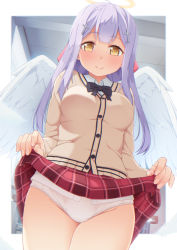 Rule 34 | 10s, 1girl, ahoge, angel wings, black bow, black bowtie, blush, bow, bowtie, breasts, cardigan, clothes lift, commentary request, cowboy shot, cross hair ornament, from below, gabriel dropout, groin, hair ornament, halo, highres, lifting own clothes, long hair, long sleeves, looking at viewer, miniskirt, panties, pleated skirt, purple hair, raphiel shiraha ainsworth, school uniform, skirt, skirt lift, smile, solo, tachimi (basue), thighs, underwear, white panties, wings, yellow eyes