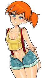 Rule 34 | 1girl, armpits, arms behind back, asymmetrical hair, blue eyes, blue shorts, blush, breasts, collarbone, covered erect nipples, cowboy shot, creatures (company), denim, denim shorts, eyelashes, feet out of frame, game freak, gen 1 pokemon, highres, loodncrood, looking at viewer, midriff, misty (pokemon), navel, nintendo, parted lips, pokemon, pokemon (anime), pokemon (classic anime), ponytail, shirt, short hair, short shorts, shorts, side ponytail, simple background, sleeveless, small breasts, smile, solo, standing, suspender shorts, suspenders, tank top, teeth, thighs, unzipped, wet, wet clothes, wet shirt, white background, yellow shirt